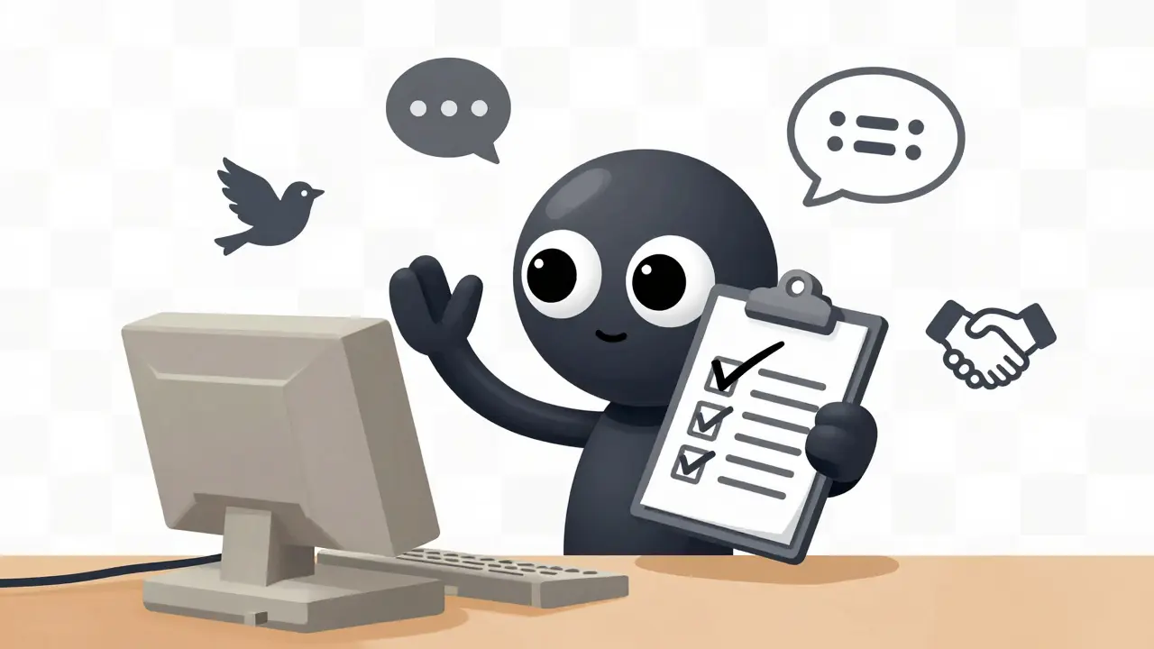 Character completing tasks on a checklist in 1930s cartoon animation style