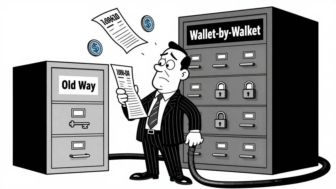 Confused cartoon man comparing old and new crypto tax filing cabinets.