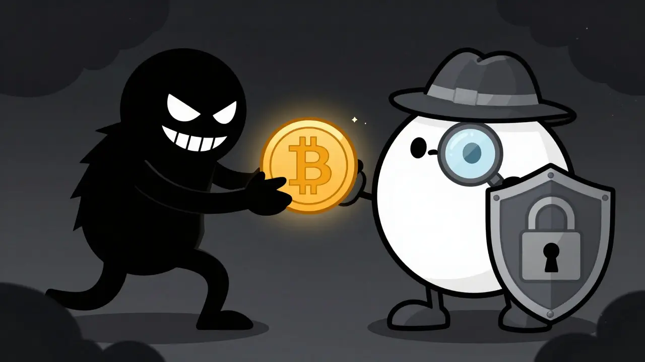 Detective character protecting a coin from a scammer in rubber hose art
