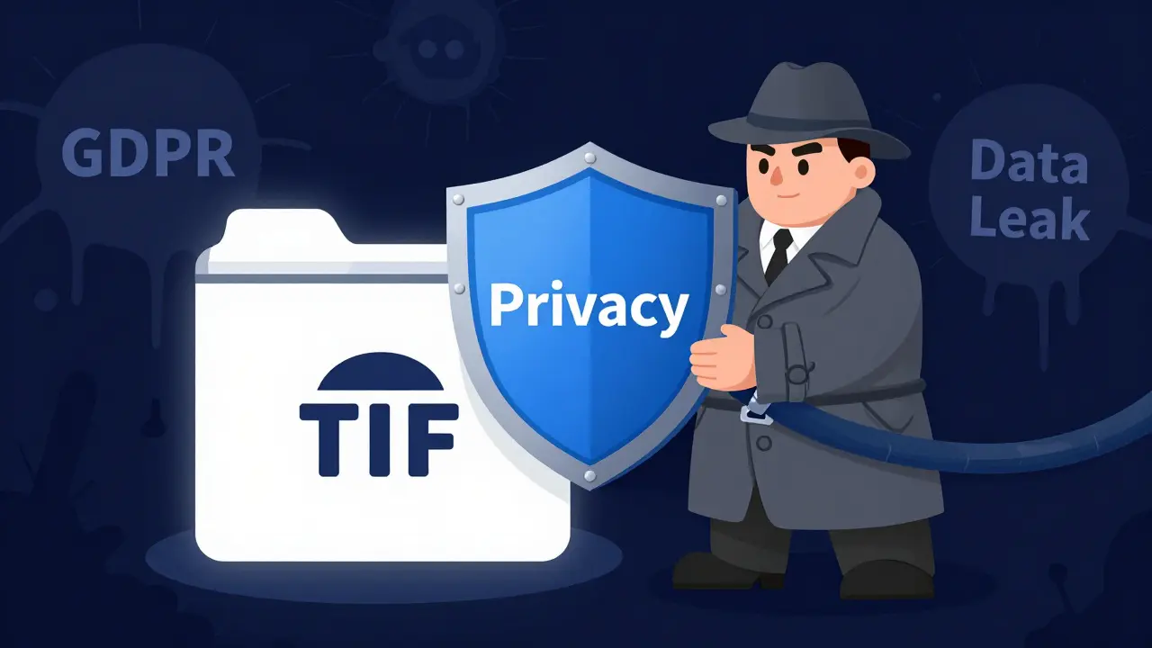 Detective-style character shielding clean files from shadowy privacy threat blobs.