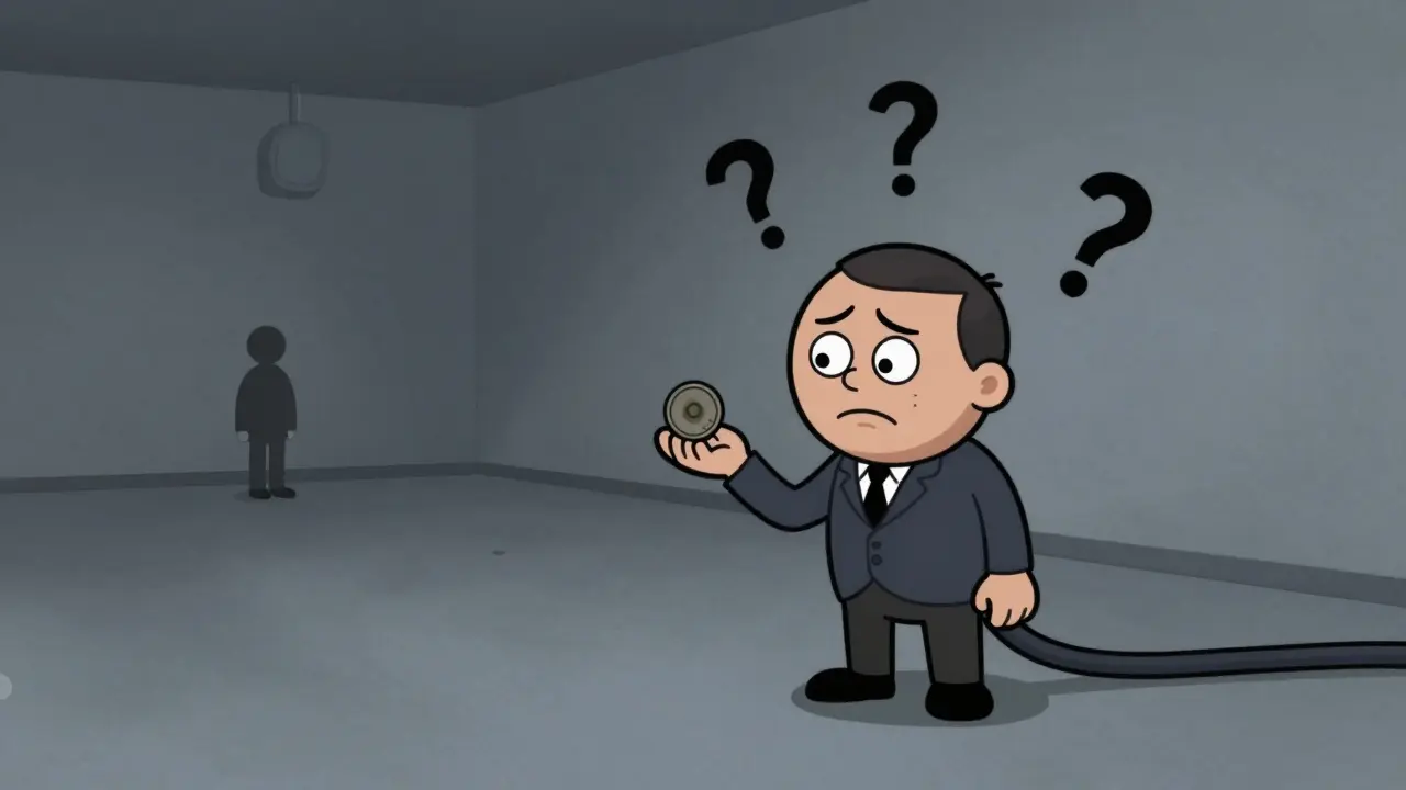 Distressed cartoon character struggling to sell a coin in an empty room