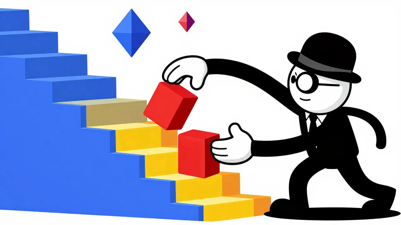 Energetic rubber hose animator placing blocks on a narrow staircase segment showing concentrated liquidity.