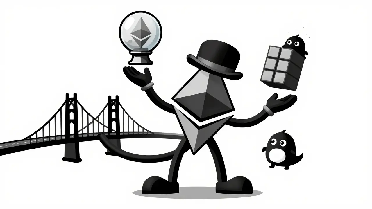 Ethereum character juggling bridges and oracles, illustrating pooled security.