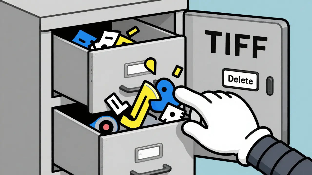 Filing cabinet overflowing with chaotic metadata symbols being managed by a gloved hand.