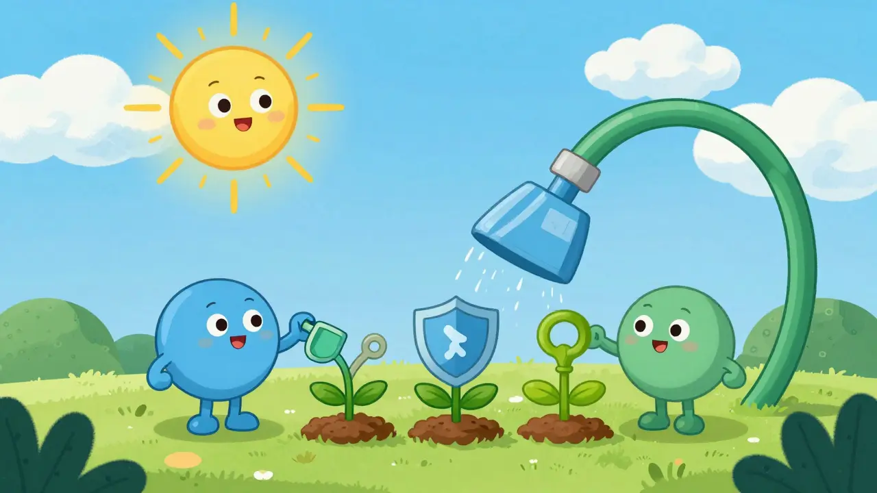 Friendly cartoon characters nurturing legitimate crypto projects