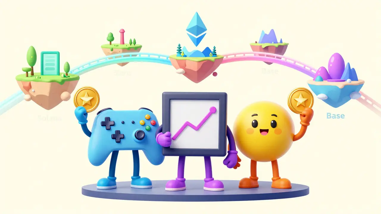 Gaming, NFT, and DeFi characters connecting blockchains