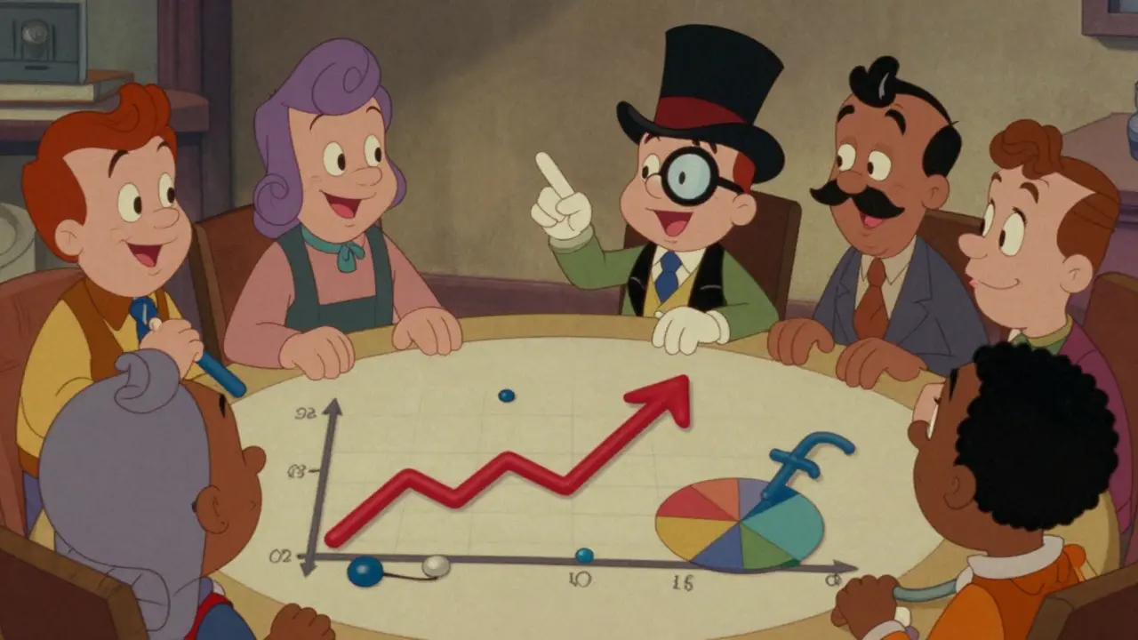 Group of retro animated figures discussing trading strategies around a chart