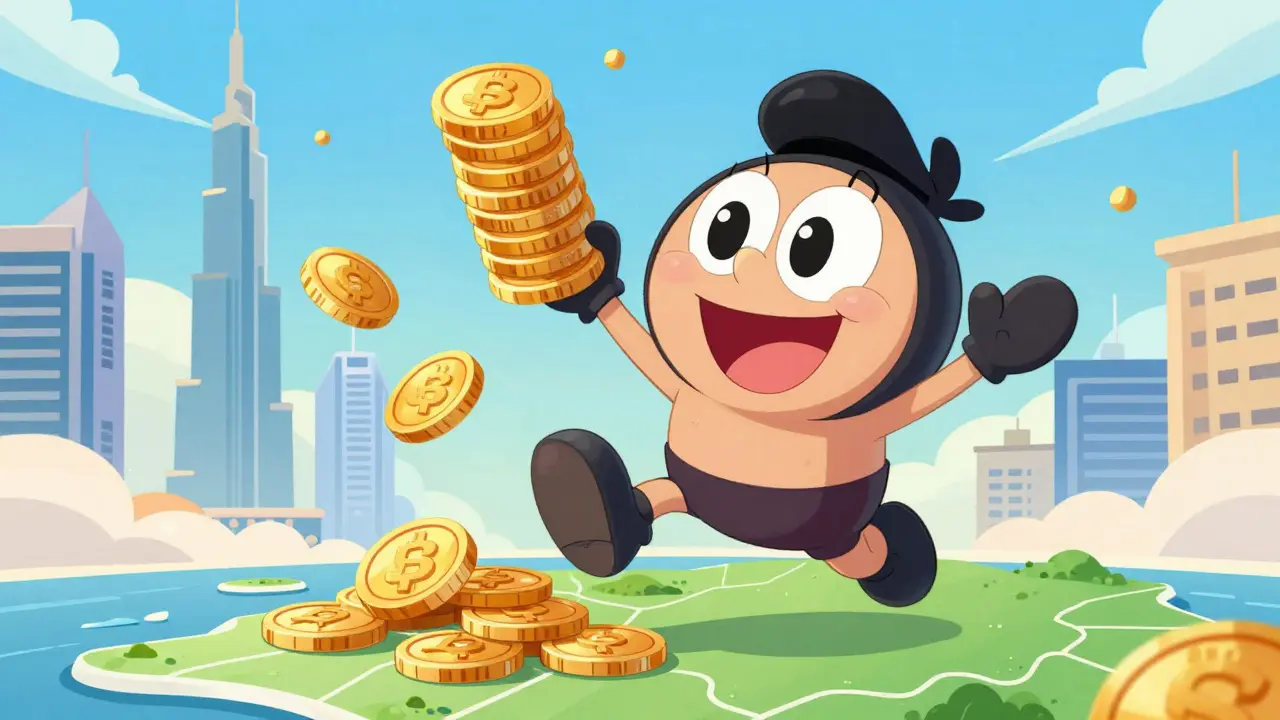 Happy cartoon trader enjoying zero taxes in Dubai