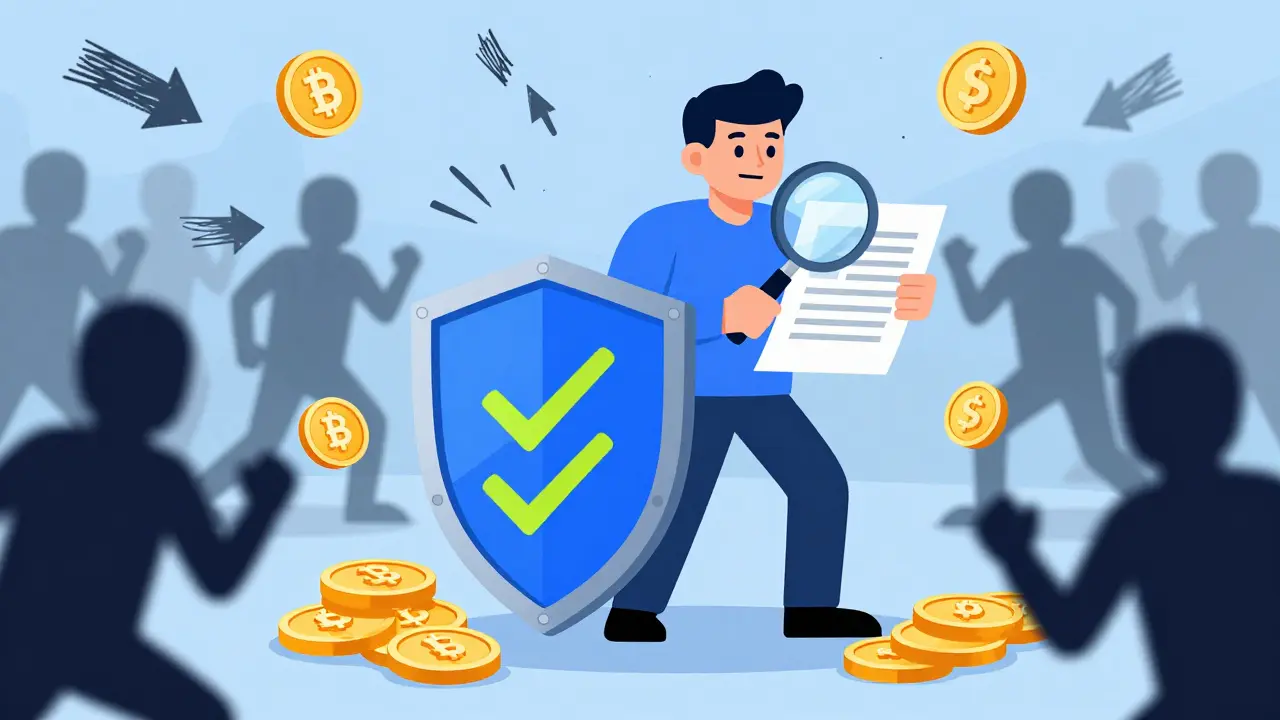 Heroic figure shielding against scams while verifying crypto details.