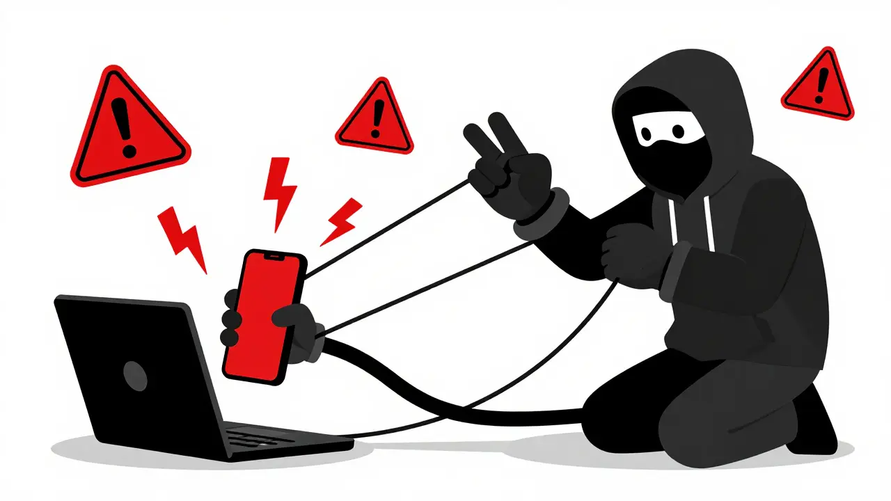 Illustration of a hacker manipulating devices to steal crypto via phishing.