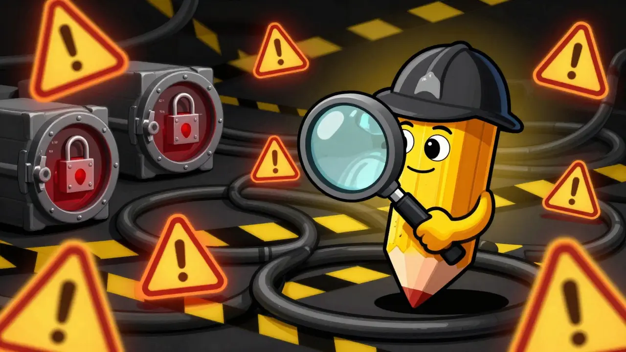 Illustration of a pencil detective inspecting risk factors like locked vaults and warning signs