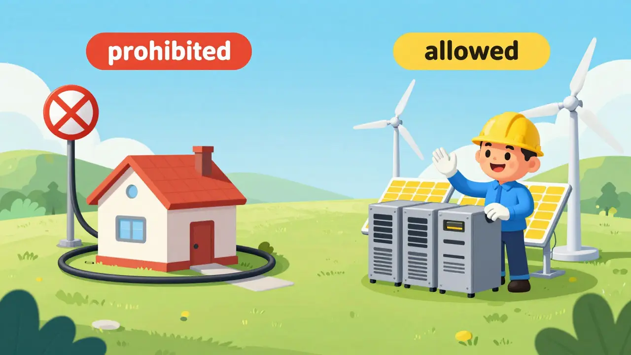Miner using solar power legally while grid usage is banned in cartoon art.