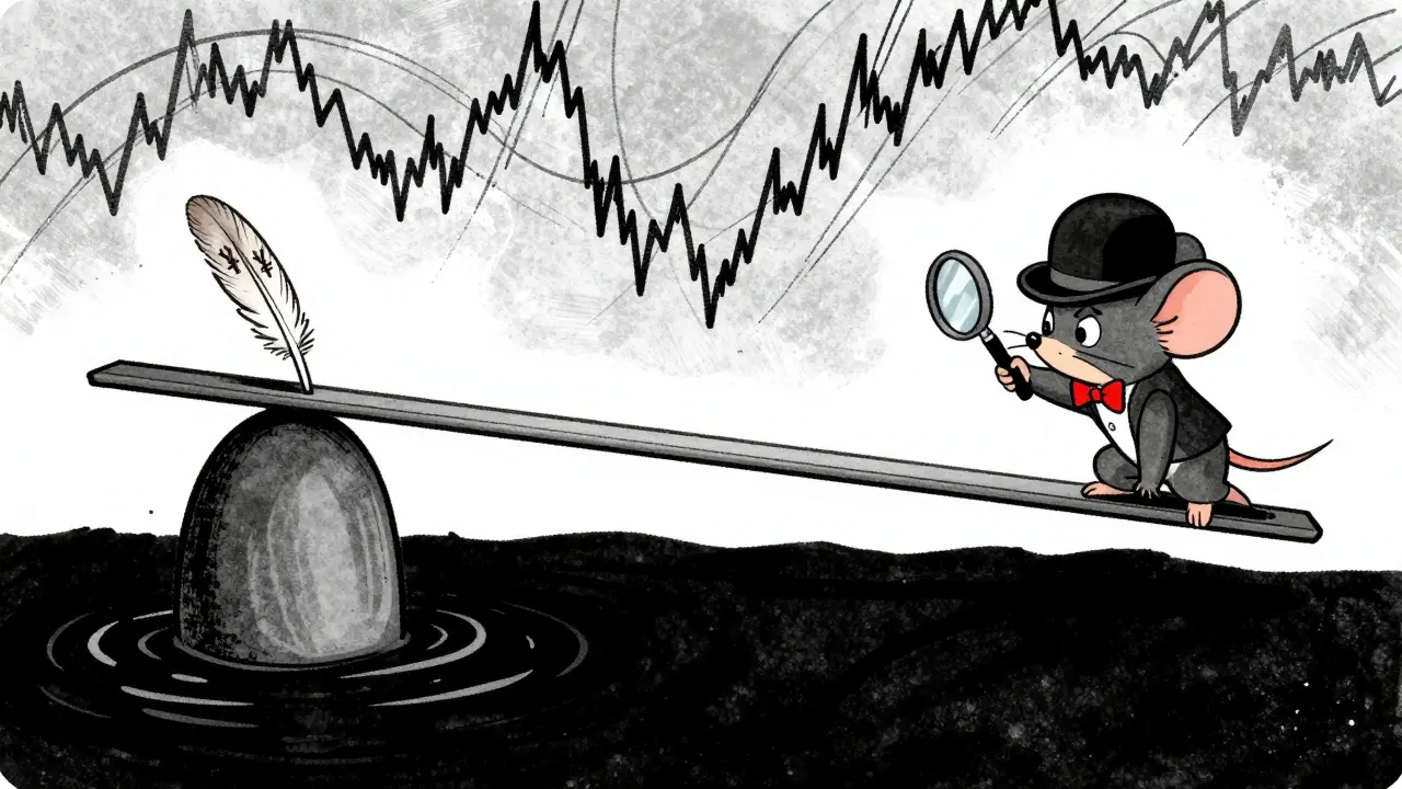 Mouse inspecting thin liquidity seesaw in vintage style