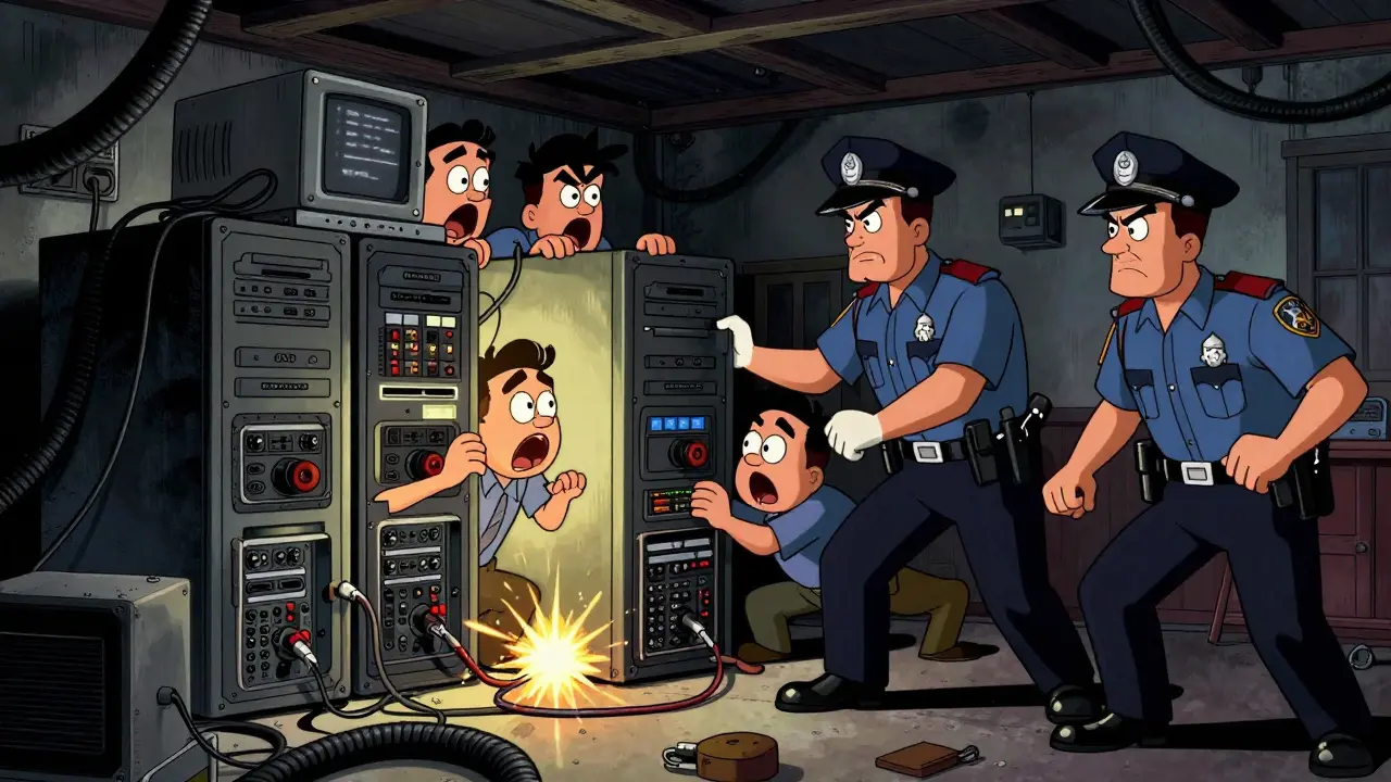 Police raiding a garage to confiscate crypto mining servers in cartoon style.