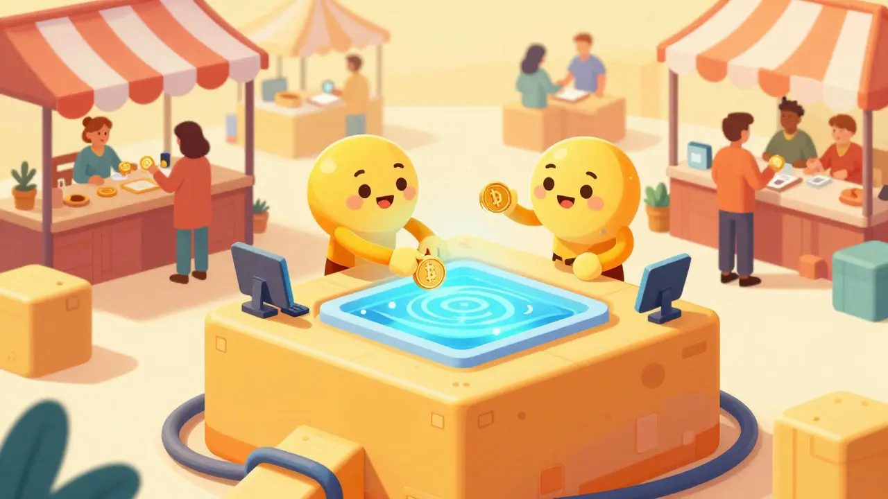 Rubber hose animation of characters trading tokens at a lively market