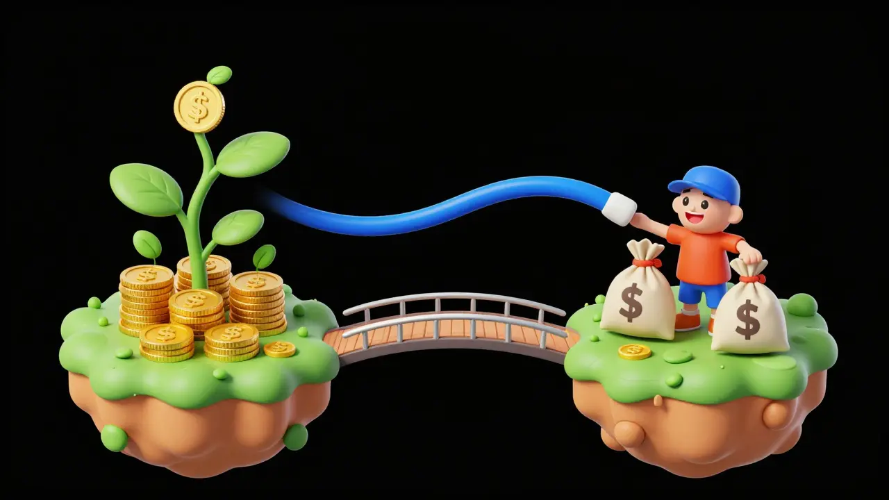 Rubber hose animation showing cross-chain borrowing via a bridge.