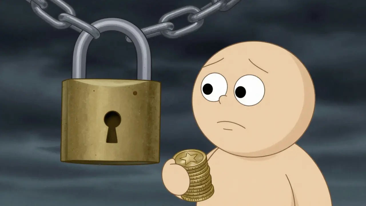 Rubber hose character facing a large padlock representing staking lock