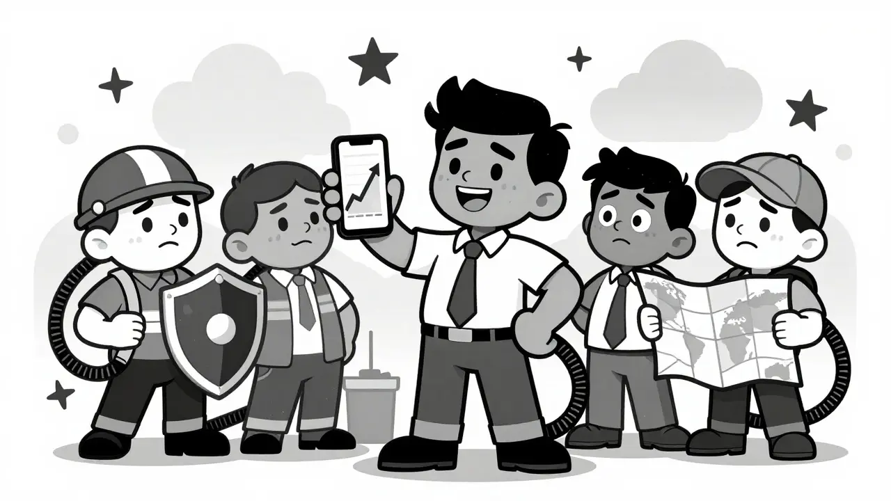 Rubber hose style cartoon of diverse traders holding phones and shields