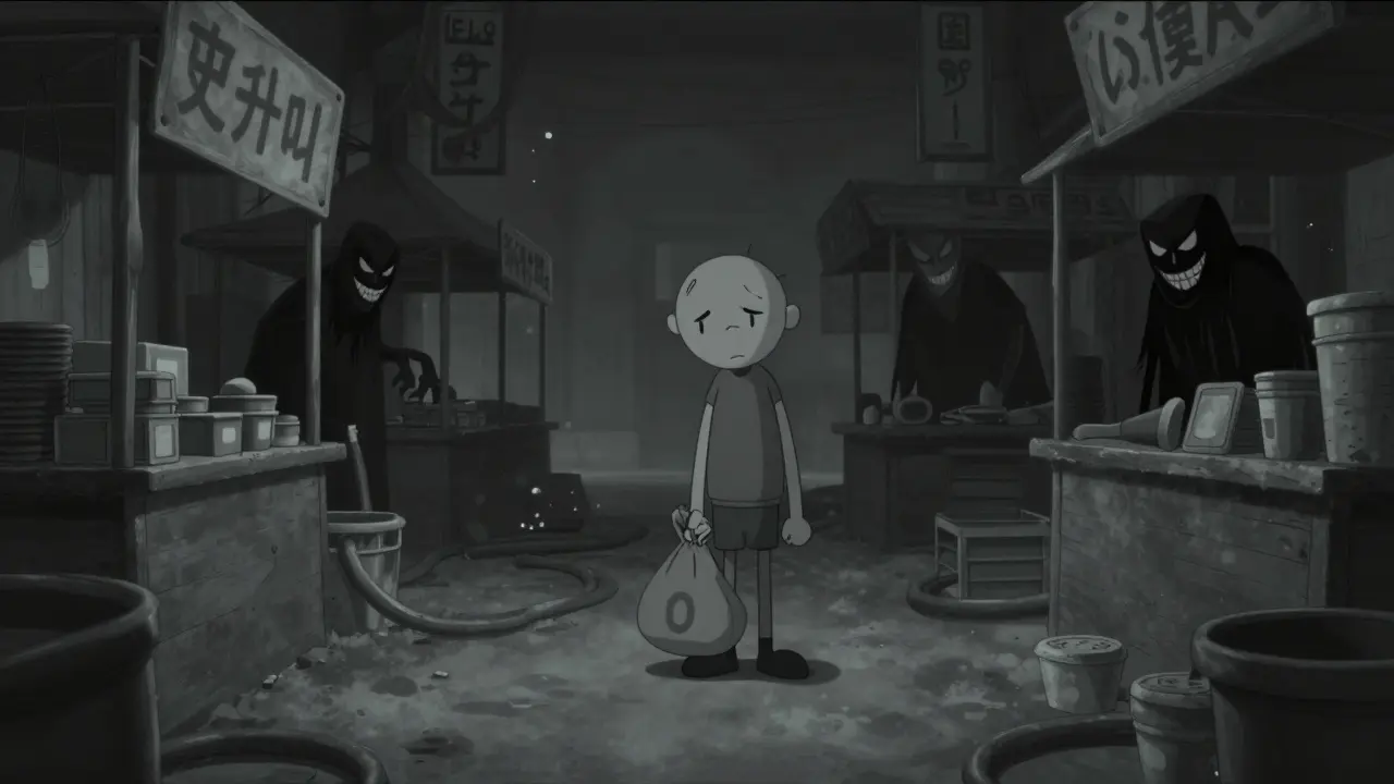 Sad cartoon figure in empty market with lurking scammer shadows