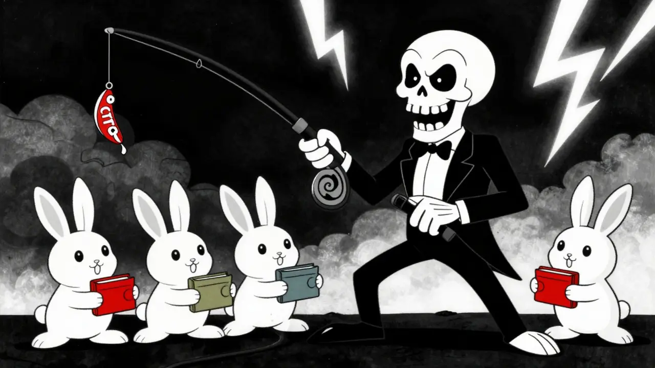 Sinister skeleton scammer trying to trick cartoon investors