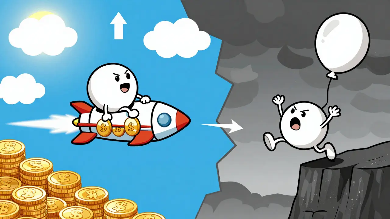 Split scene showing cartoon character on rocket high and falling balloon low