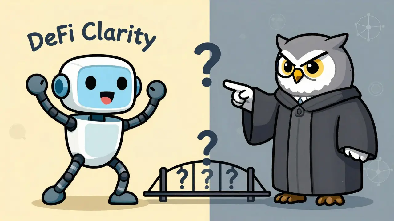 Split screen of free DeFi robot vs stern tax authority owl in cartoon style.