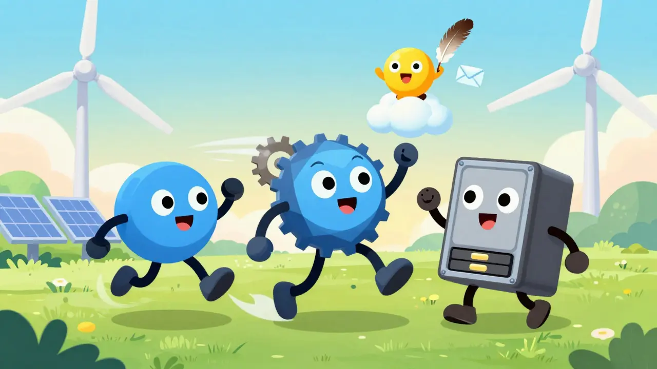 Three cute rubber hose style characters representing Algorand, Hedera, and Chia dancing in a green energy field.