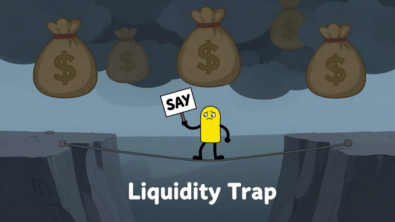Tiny figure on tightrope above liquidity trap with looming token clouds