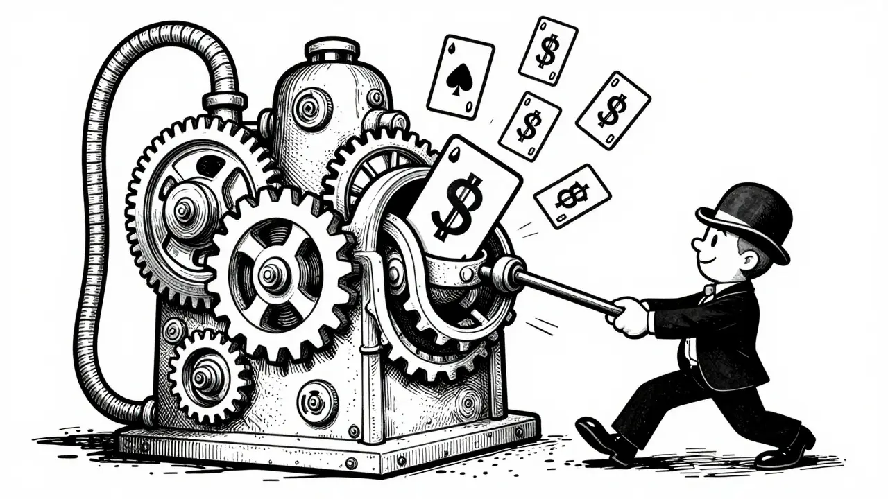 Vintage animation of a mechanical device producing NFT loan tokens