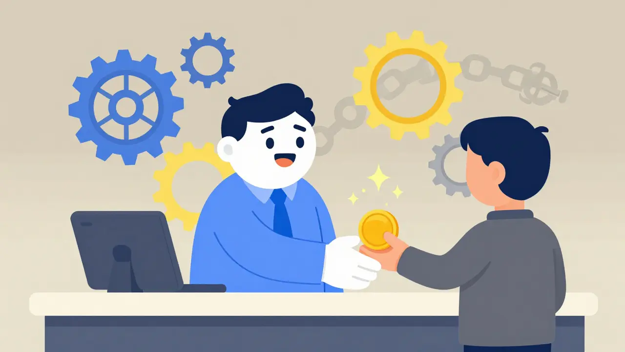 Vintage animation of merchant accepting crypto payment with gears