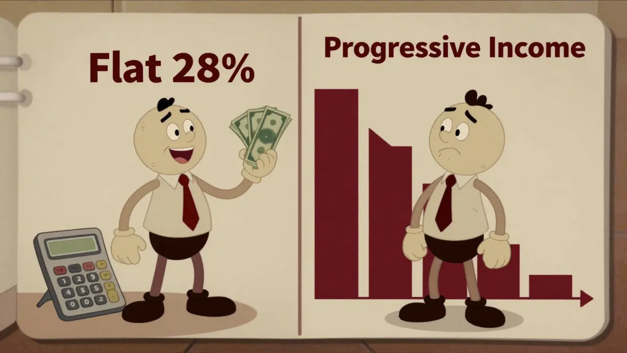 Vintage animation style comparison of flat 28% tax versus progressive income tax options.