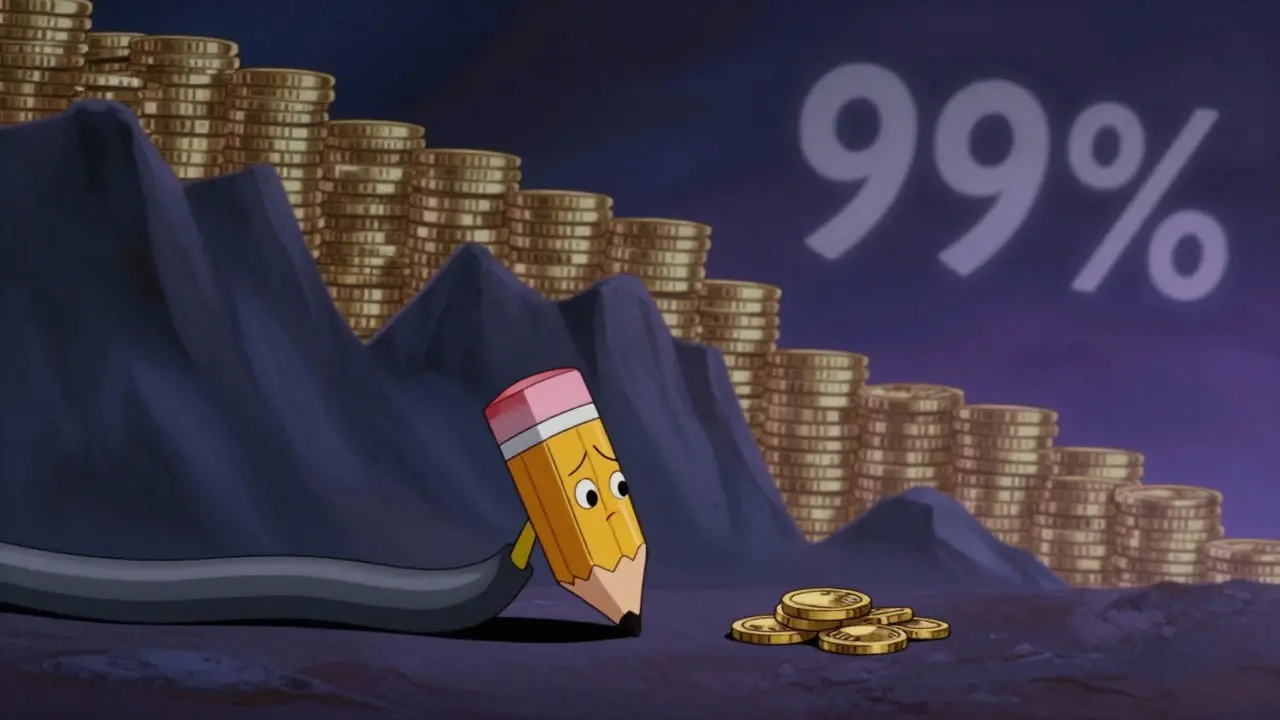 Vintage animation style showing a pencil character looking at a massive drop in coin value