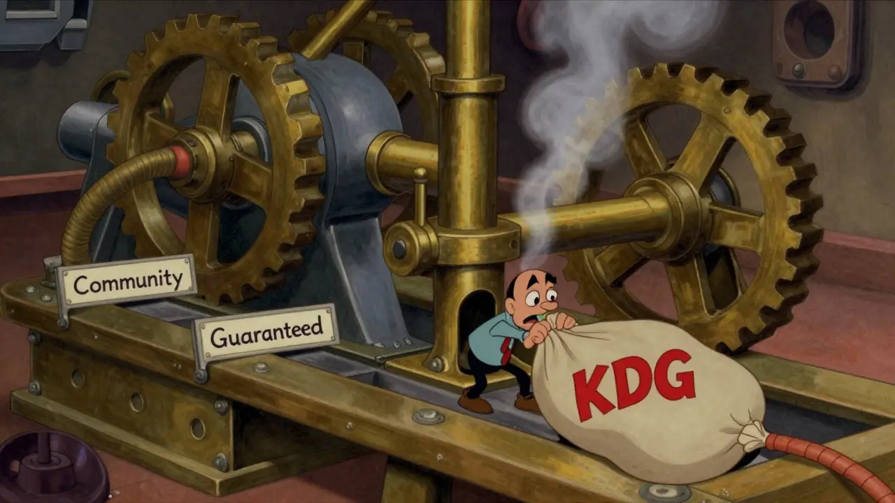 Vintage cartoon character feeding KDG tokens into a complex staking machine.