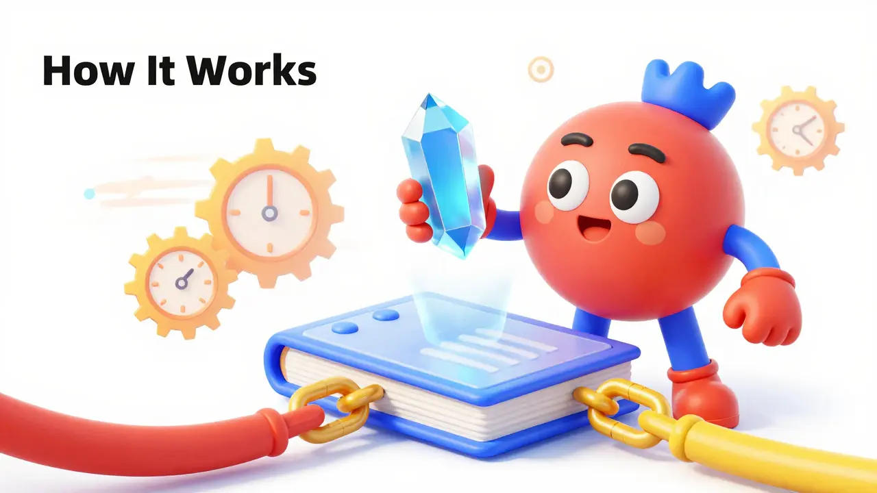 Vintage cartoon character securing a digital file hash into a golden blockchain ledger.