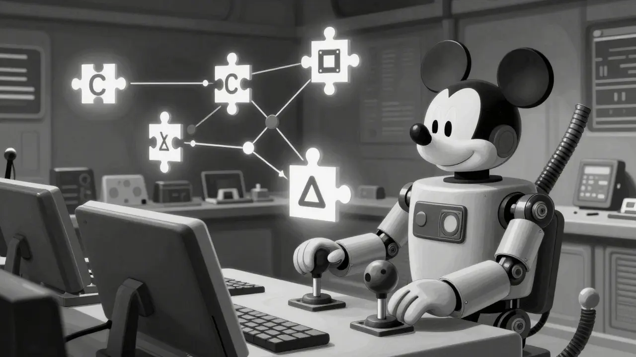 Vintage robot connecting blockchain networks in a control room.