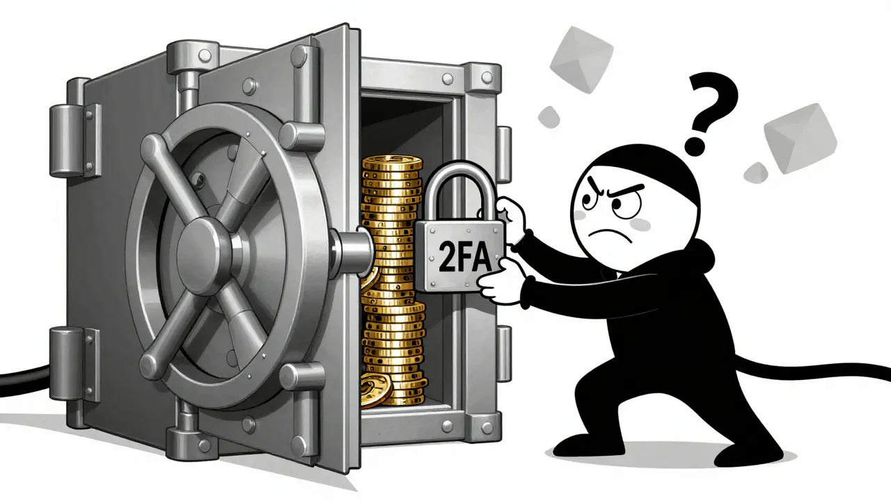 Vintage style cartoon of a secure vault and a confused thief character