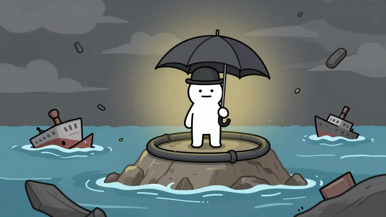 Calm cartoon character standing safe on a rock island amidst a stormy sea of crashes.