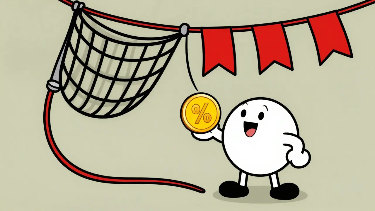Cartoon character lured by shiny coin while red flag trap looms overhead