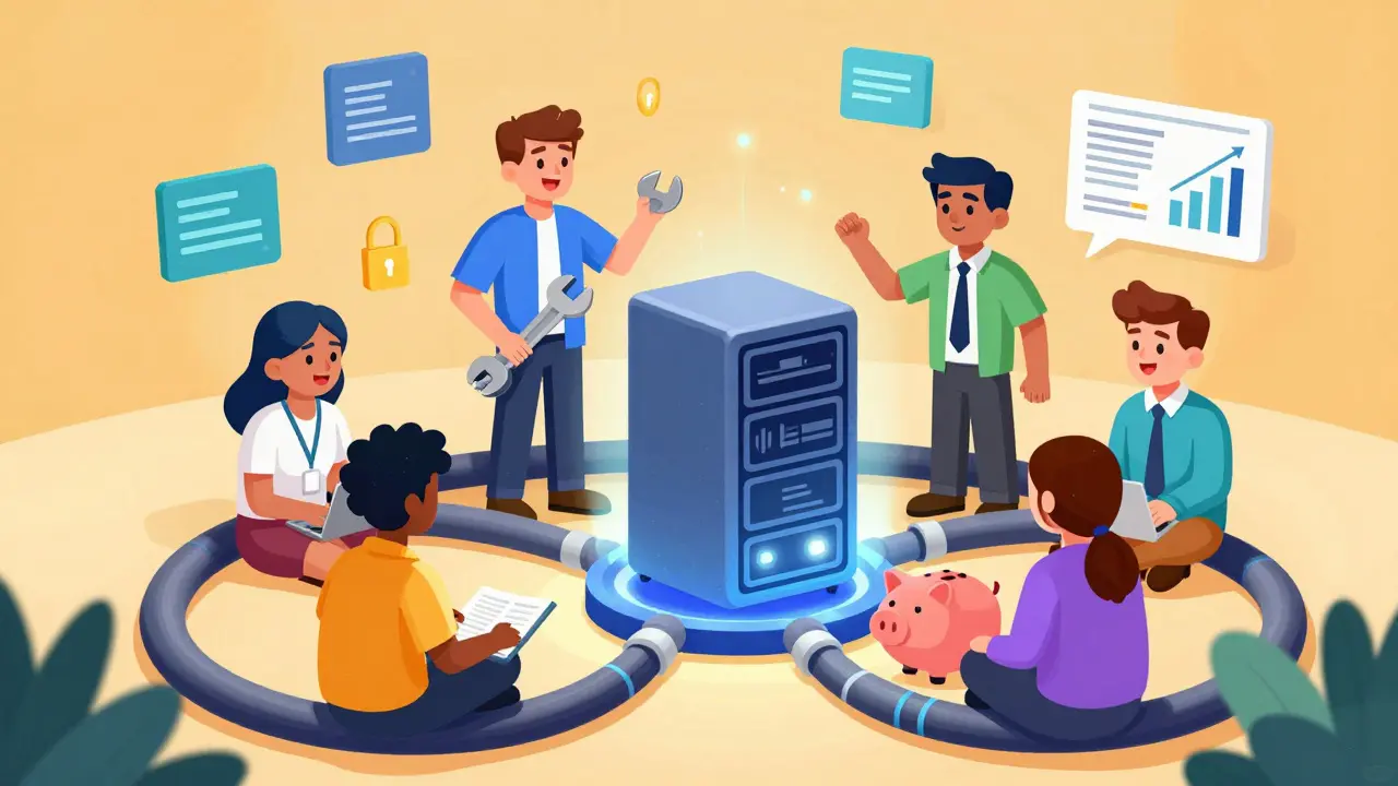 Cartoon characters collaborating on a secure blockchain node, showing legitimate use.
