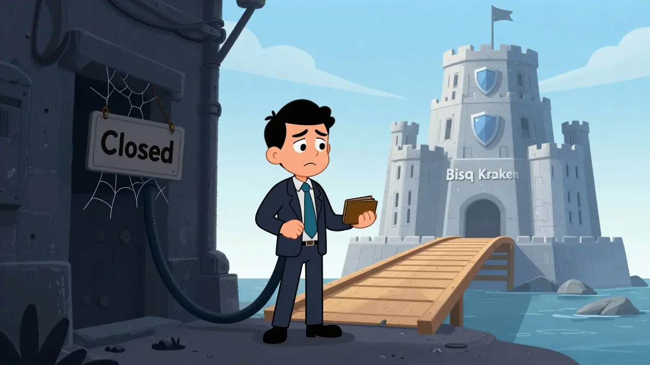 Cartoon investor choosing between a dead end and a secure bridge path