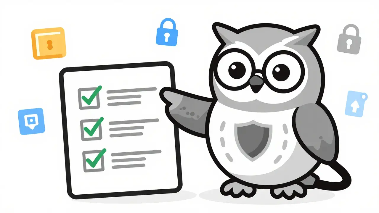 Cartoon owl pointing at security checklist and shield icon