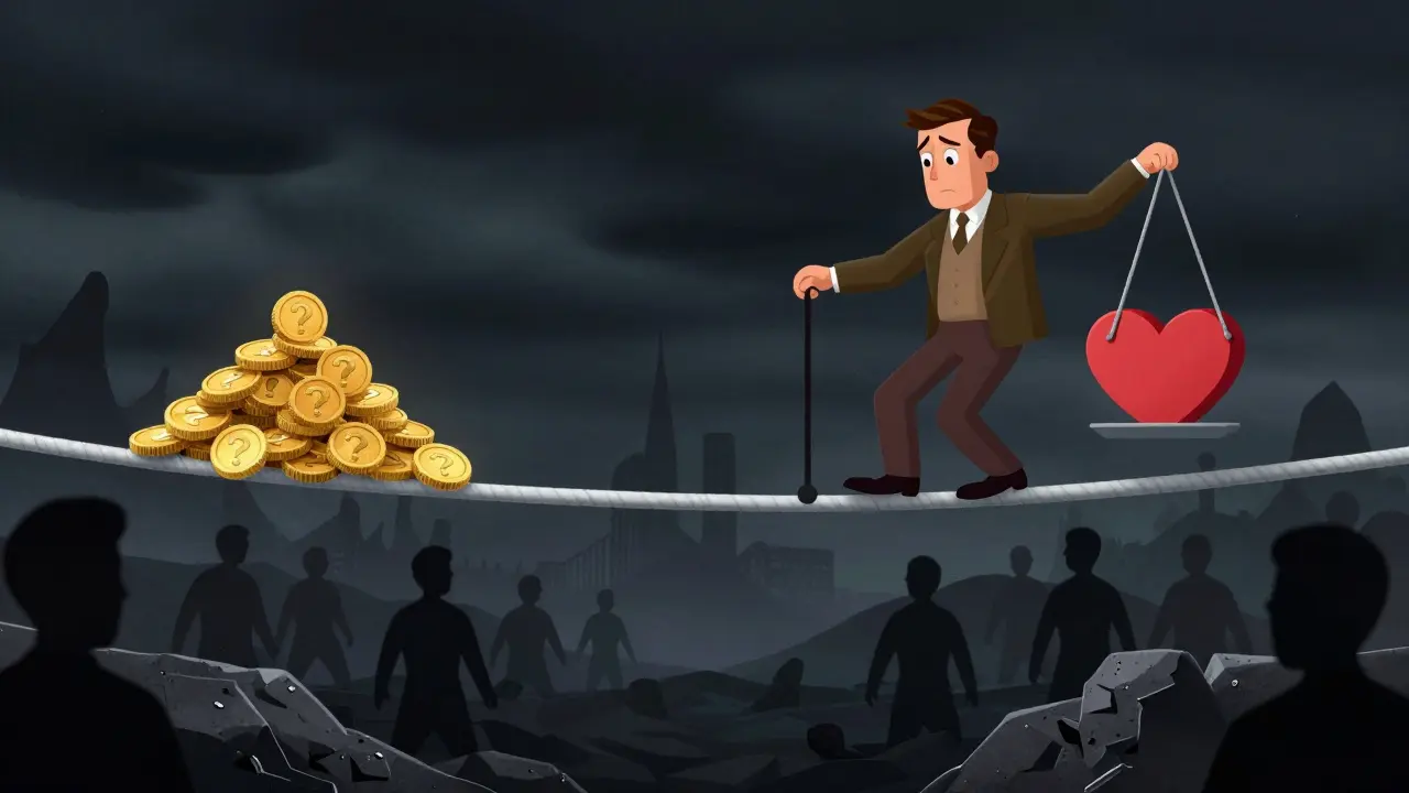 Character balancing coins and a heart on a tightrope over a stormy abyss
