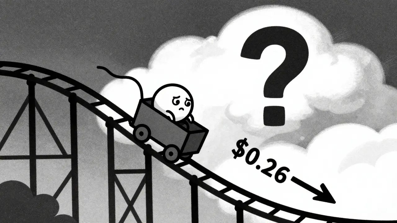 Character on a crashing price rollercoaster in retro art