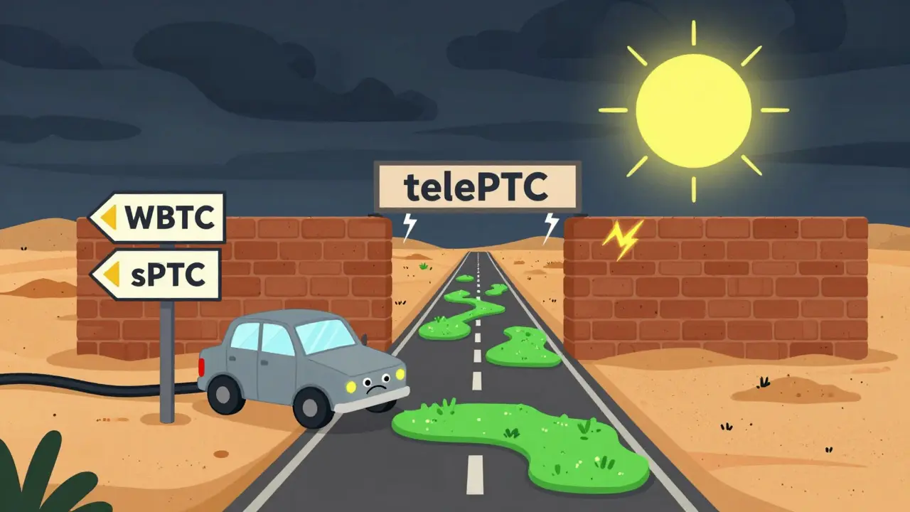 Dead-end road vs safe paths for wrapped Bitcoin, rubber hose animation style