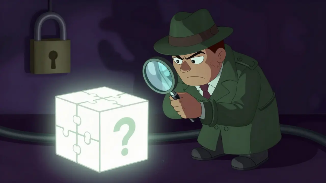 Detective inspecting puzzle box with magnifying glass