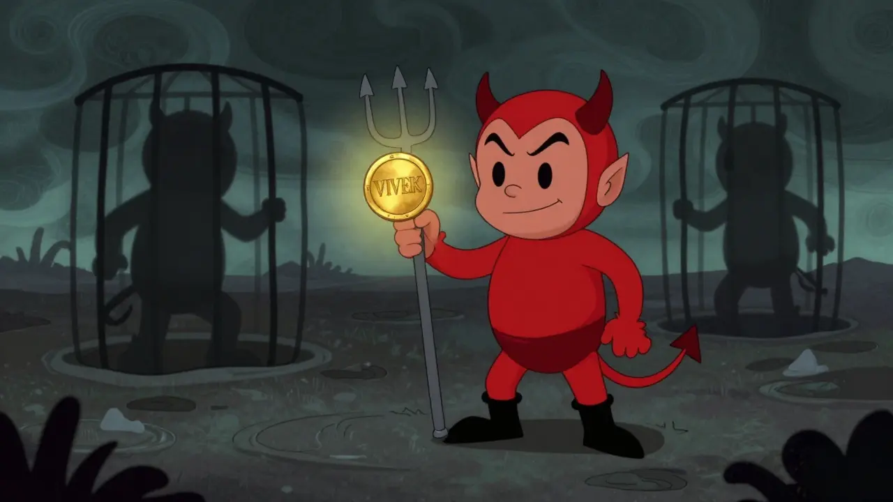 Devil offering shiny coin while others get trapped in shadows