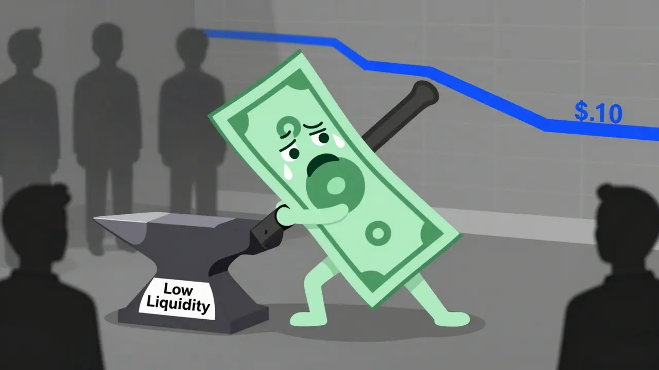 Distressed dollar bill character weighed down by liquidity issues
