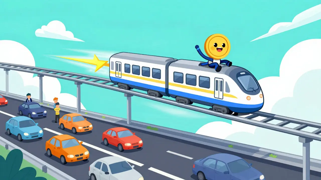 Happy crypto character riding a lightning train above congested traffic