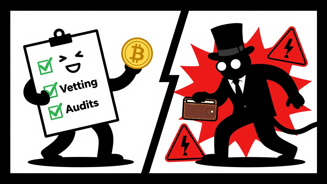 Illustration comparing safe crypto practices versus scam risks