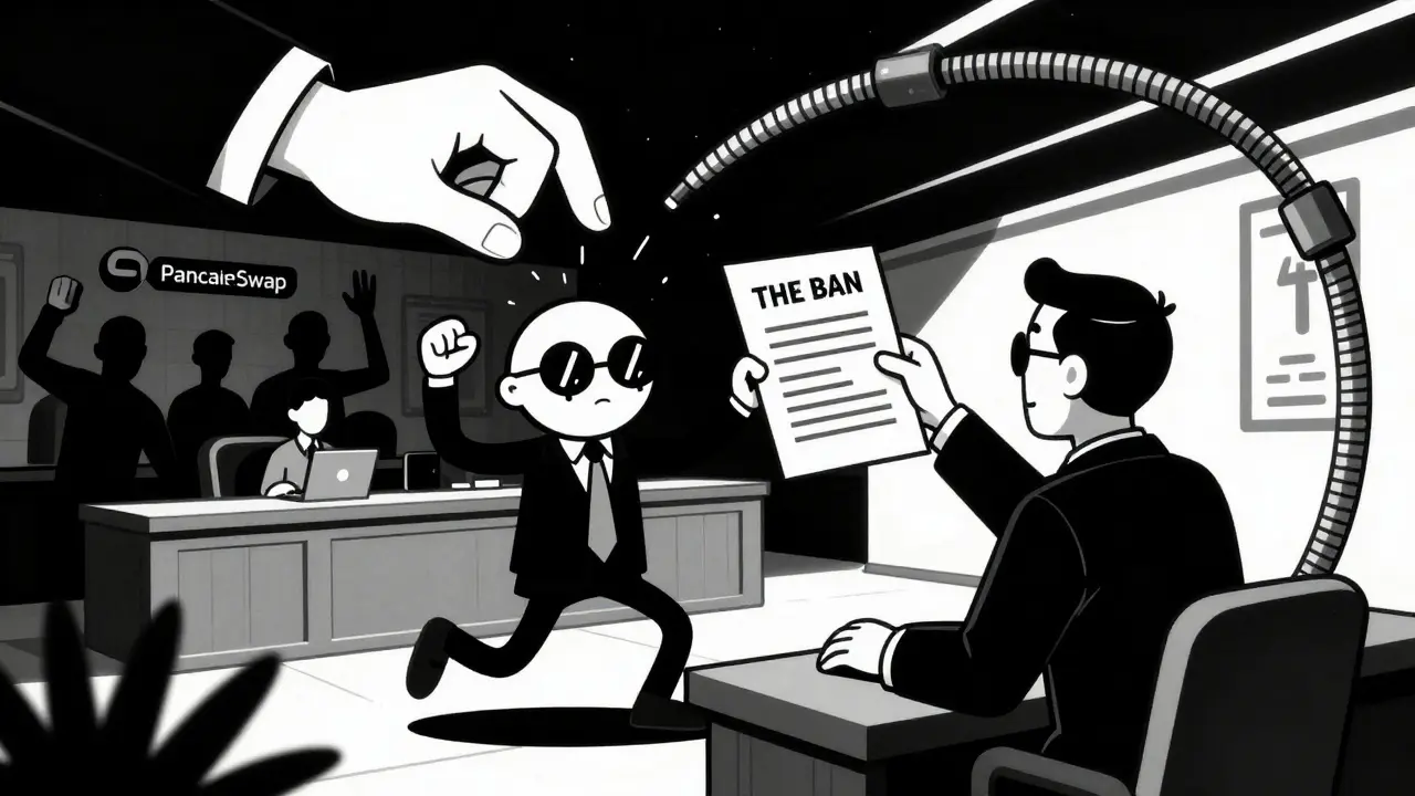 Lawyer challenging crypto ban in a stylized courtroom scene